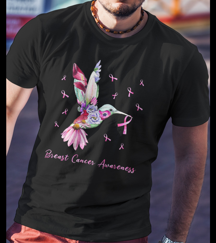 Breast Cancer Awareness Pink Ribbon Flower Hummingbird T-Shirt