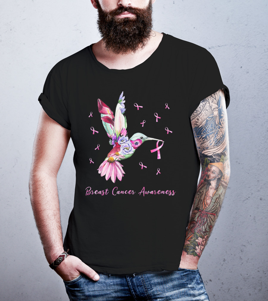 Breast Cancer Awareness Pink Ribbon Flower Hummingbird T-Shirt