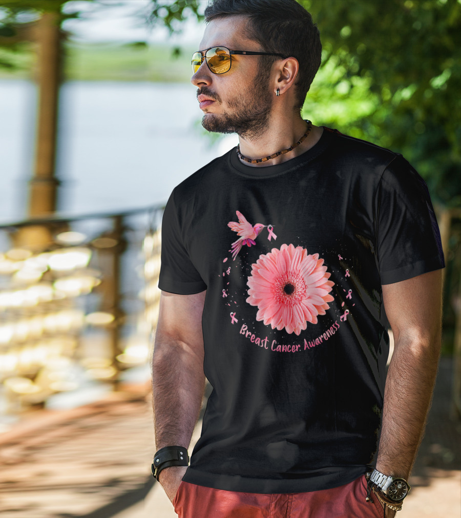 Hummingbird Pink Ribbon Breast Cancer Awareness Sunflower T-Shirt