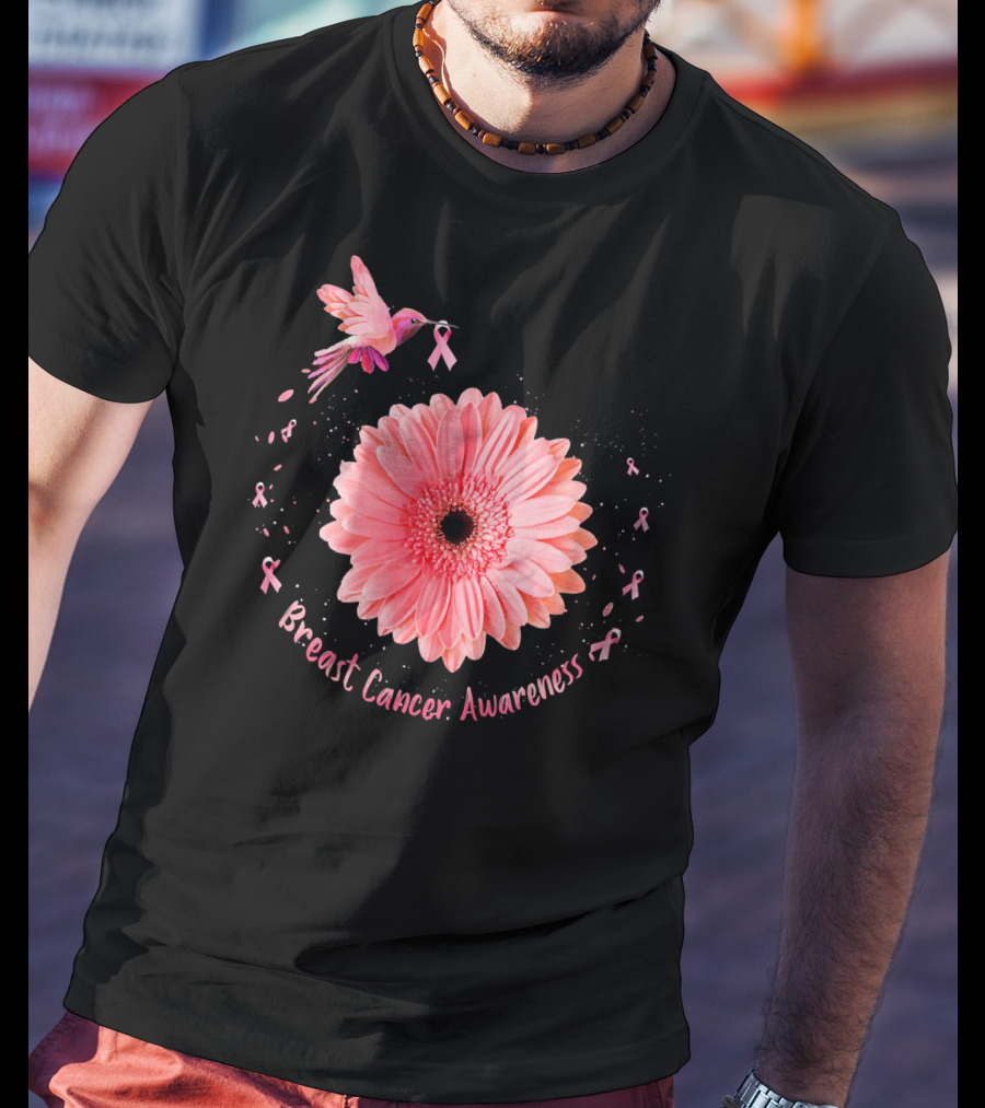 Hummingbird Pink Ribbon Breast Cancer Awareness Sunflower T-Shirt