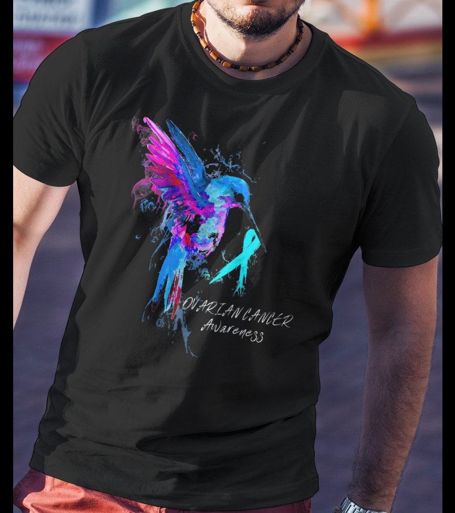 OVARIAN CANCER Awareness Hummingbird With Teal T-Shirt