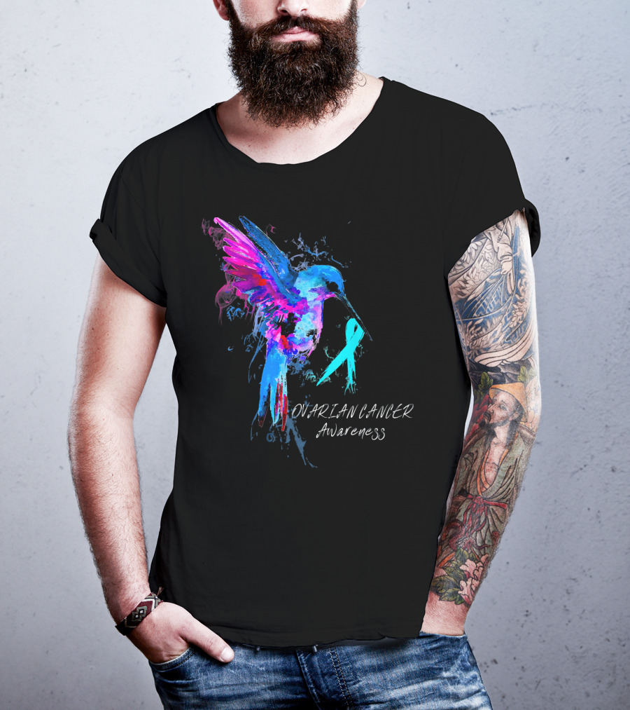 OVARIAN CANCER Awareness Hummingbird With Teal T-Shirt