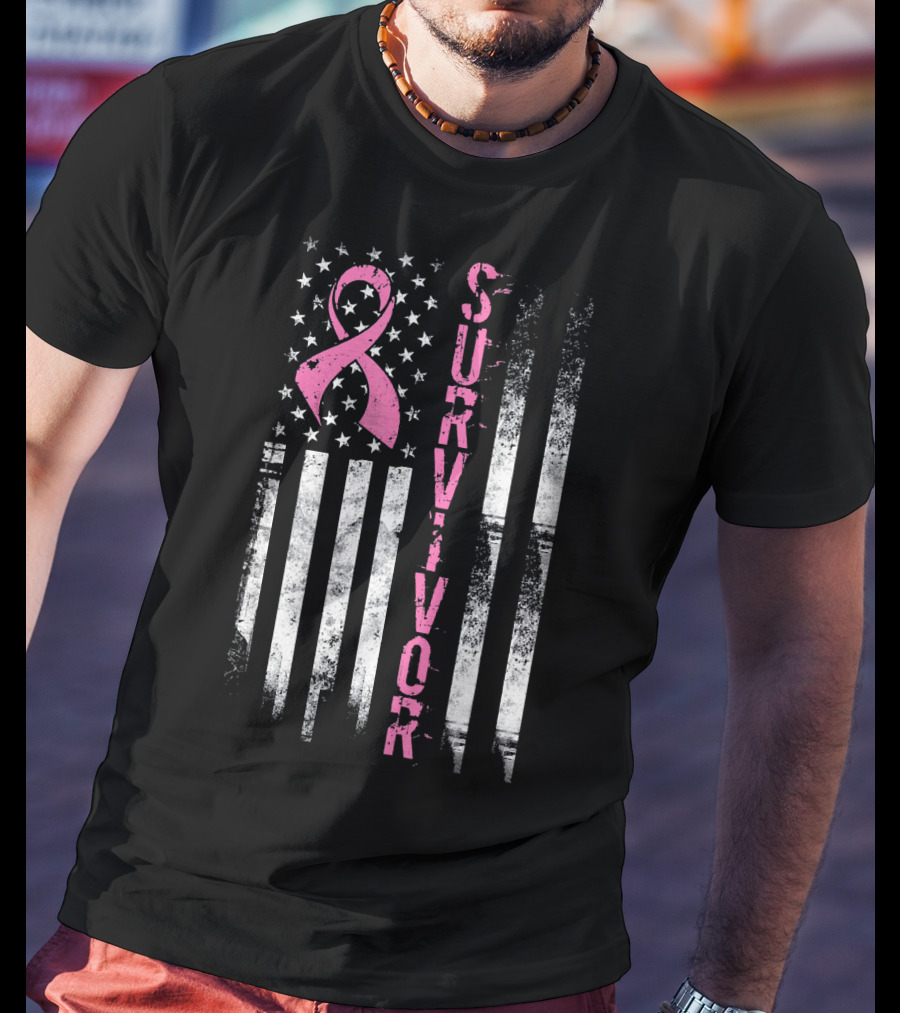 Breast Cancer Survivor Pink Ribbon American Flag T-Shirt
