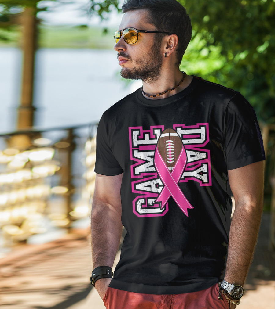 Game Day Breast Cancer Awareness Pink Ribbon Football T-Shirt