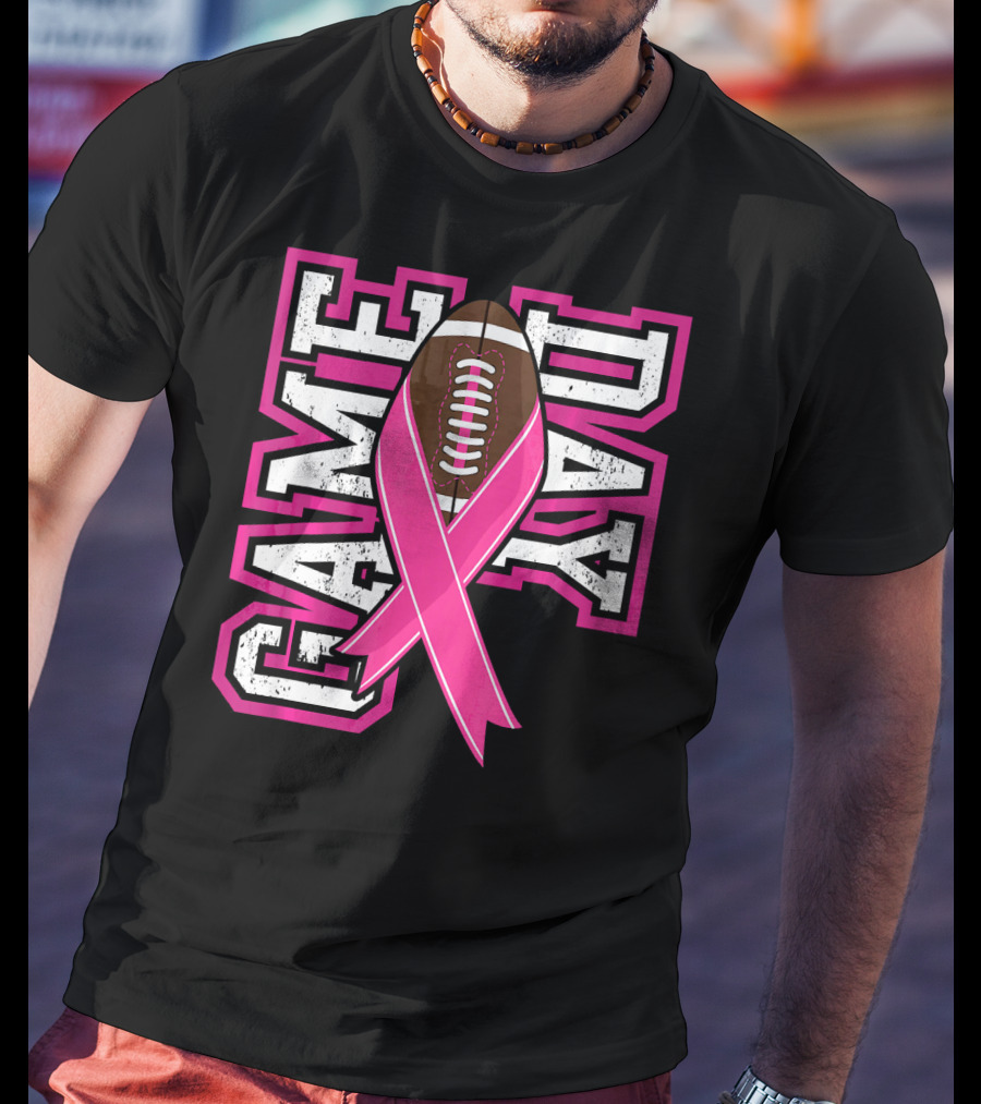 Game Day Breast Cancer Awareness Pink Ribbon Football T-Shirt