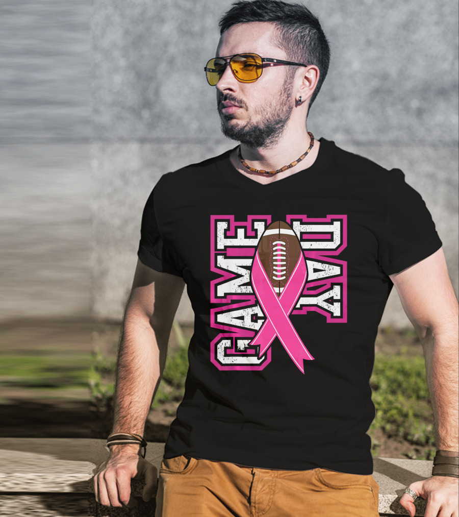 Game Day Breast Cancer Awareness Pink Ribbon Football T-Shirt
