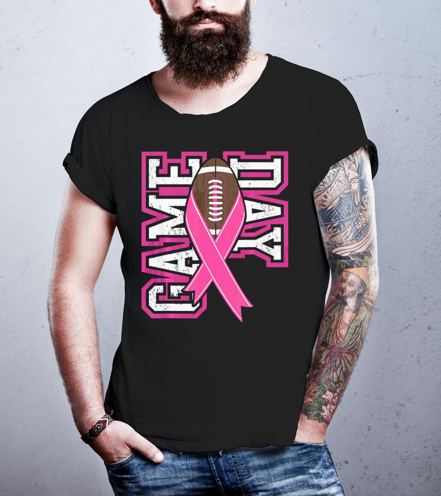 Game Day Breast Cancer Awareness Pink Ribbon Football T-Shirt