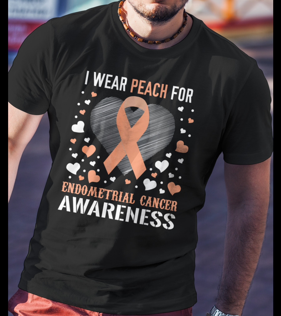 I Wear Peach For Endometrial Cancer Awareness Ribbon Heart T-Shirt