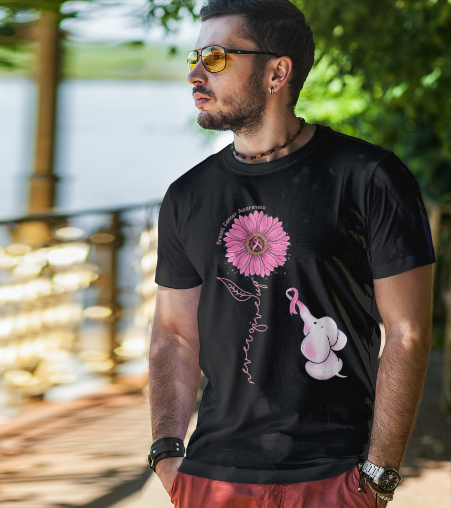 Breast Cancer Awareness Never Give Up Pink Ribbon Sunflower Elephant T-Shirt
