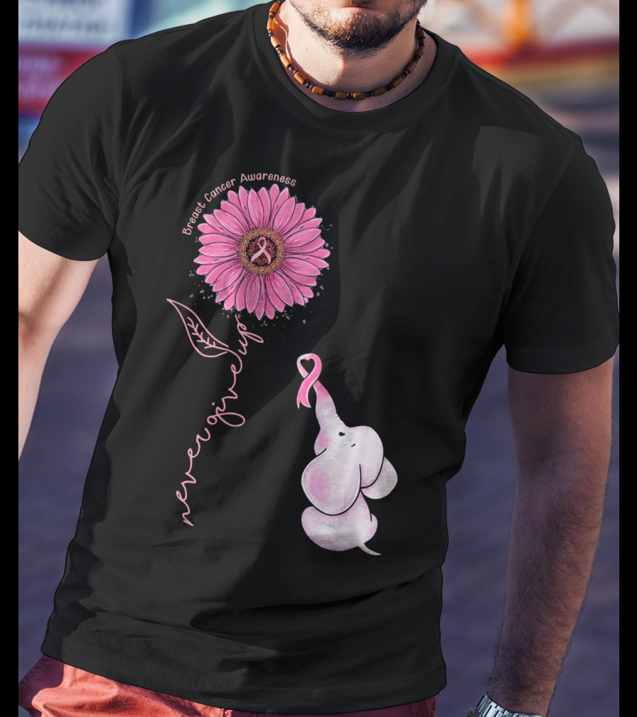Breast Cancer Awareness Never Give Up Pink Ribbon Sunflower Elephant T-Shirt