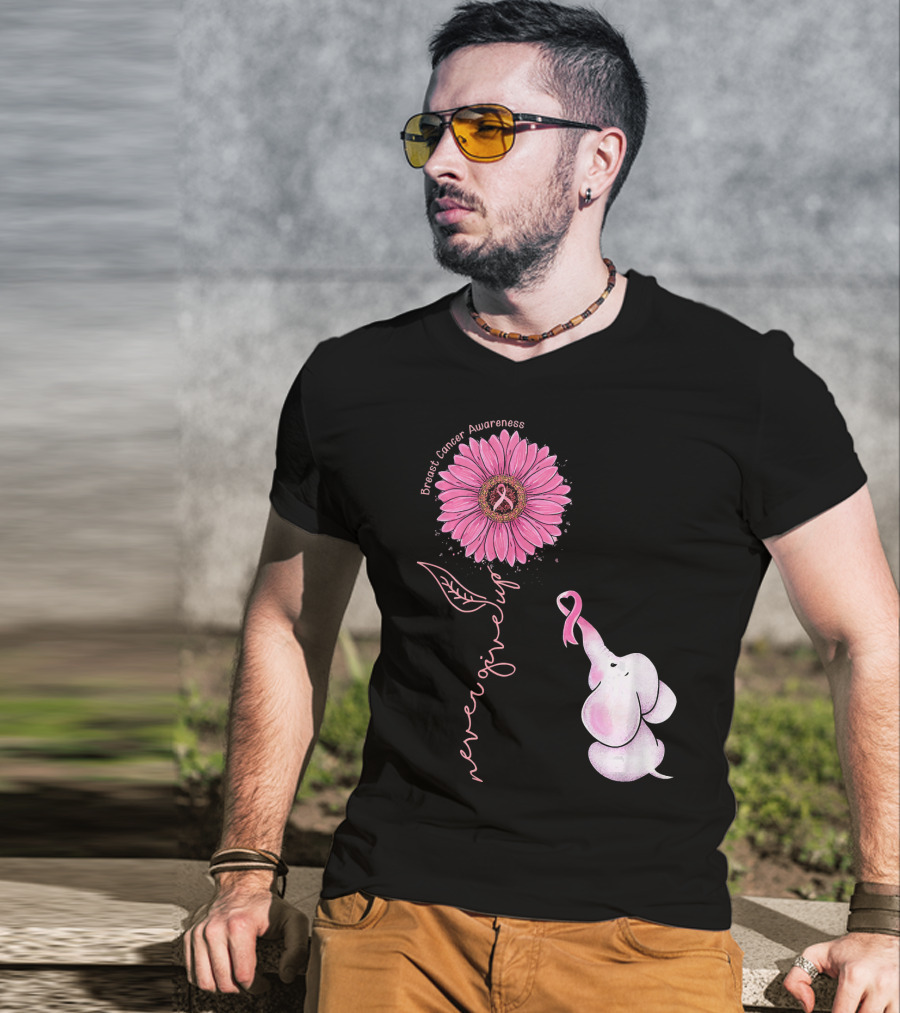 Breast Cancer Awareness Never Give Up Pink Ribbon Sunflower Elephant T-Shirt