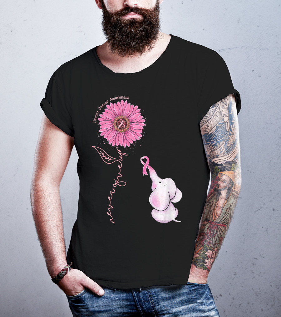 Breast Cancer Awareness Never Give Up Pink Ribbon Sunflower Elephant T-Shirt
