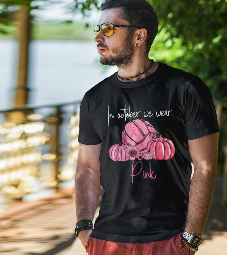 In October We Wear Pink Volleyball Pumpkins With Ribbons T-Shirt