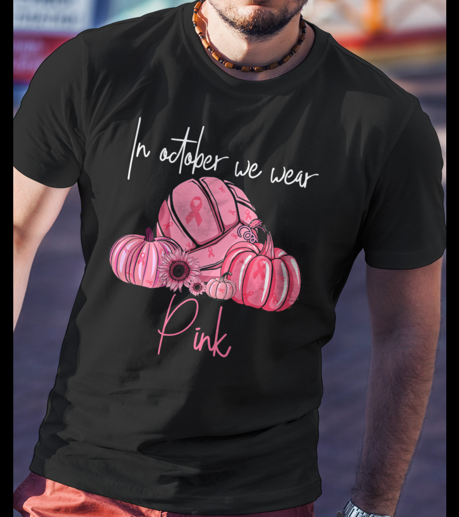 In October We Wear Pink Volleyball Pumpkins With Ribbons T-Shirt