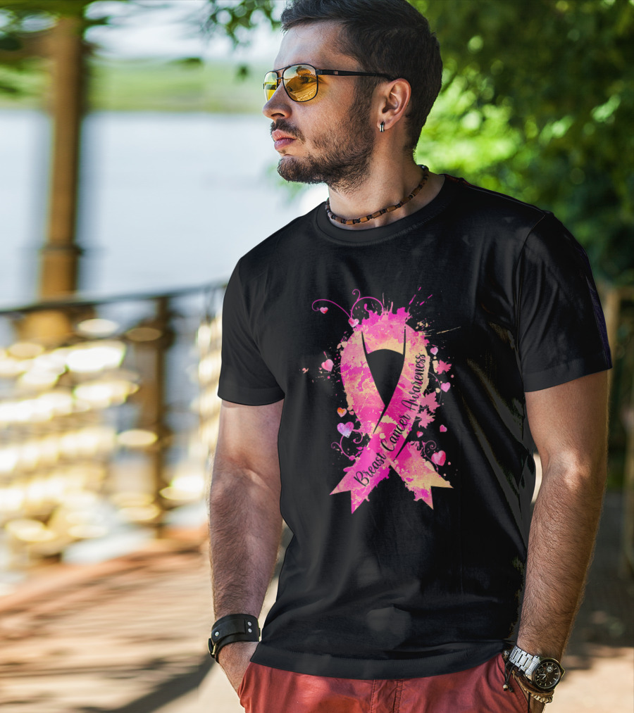 Breast Cancer Awareness Pink Ribbon Hearts And Splash T-Shirt