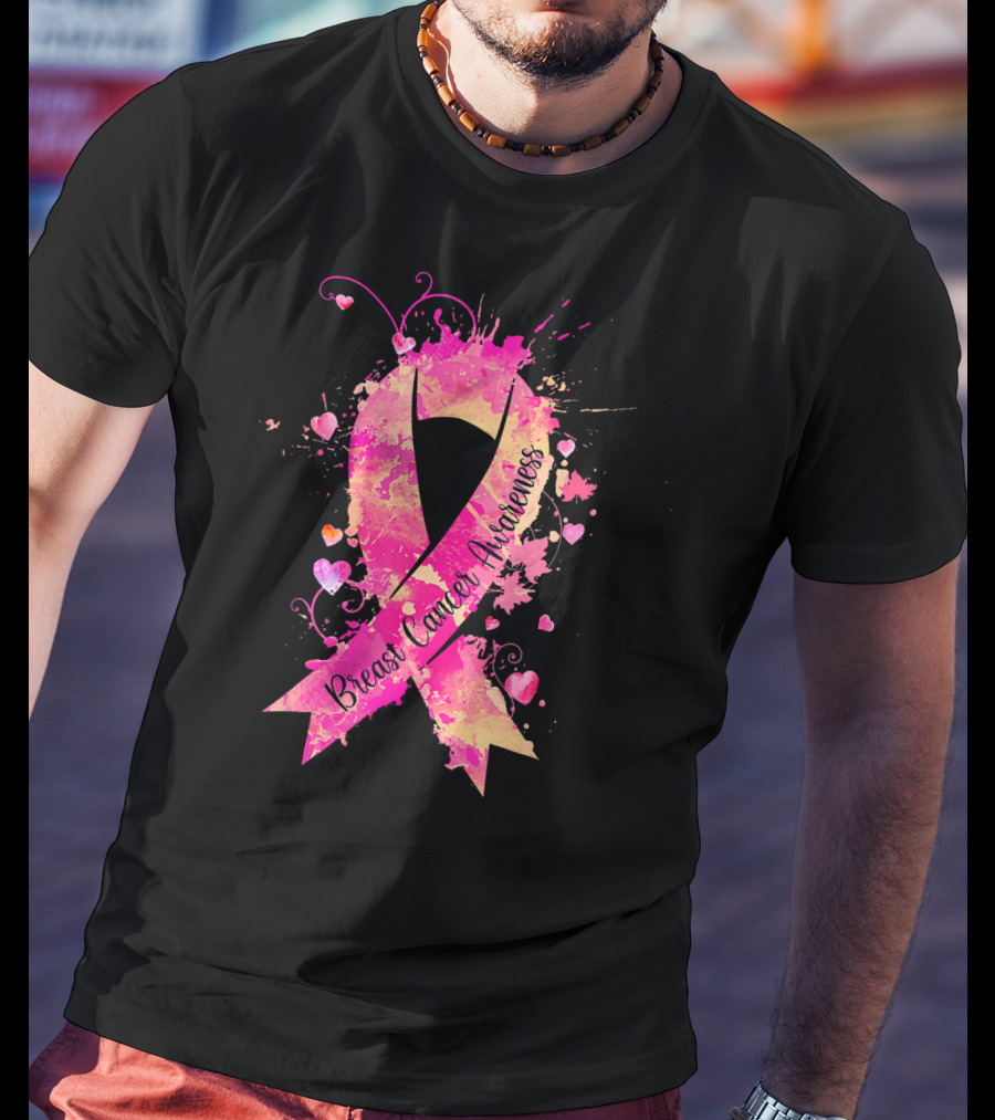 Breast Cancer Awareness Pink Ribbon Hearts And Splash T-Shirt