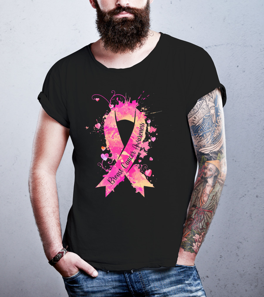 Breast Cancer Awareness Pink Ribbon Hearts And Splash T-Shirt