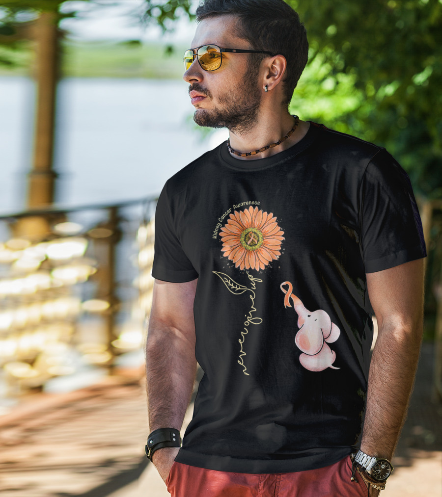 Kidney Cancer Awareness Sunflower Elephant Never Give Up T-Shirt
