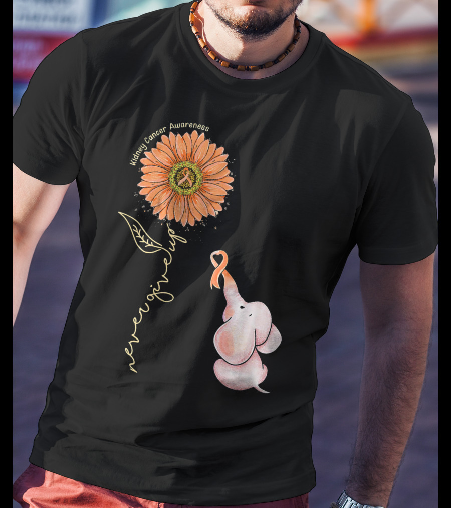 Kidney Cancer Awareness Sunflower Elephant Never Give Up T-Shirt