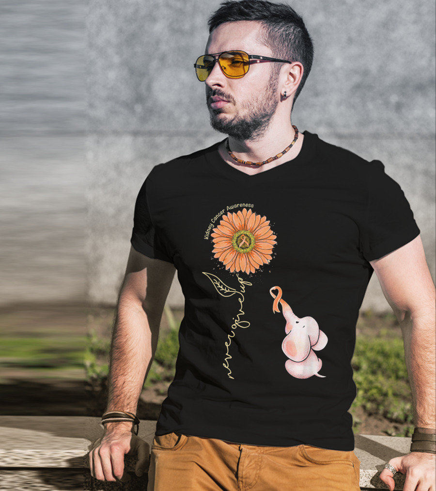 Kidney Cancer Awareness Sunflower Elephant Never Give Up T-Shirt