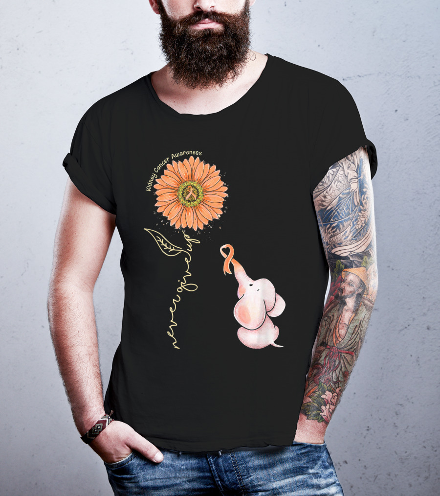 Kidney Cancer Awareness Sunflower Elephant Never Give Up T-Shirt