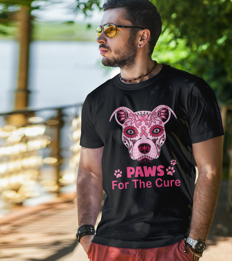 Paws For The Cure Breast Cancer Awareness Pitbull Sugar Skull T-Shirt