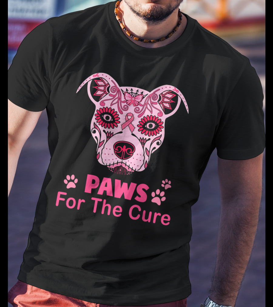 Paws For The Cure Breast Cancer Awareness Pitbull Sugar Skull T-Shirt