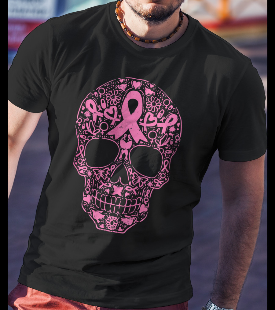 Sugar Skull Pink Ribbon Breast Cancer Awareness Calavera T-Shirt