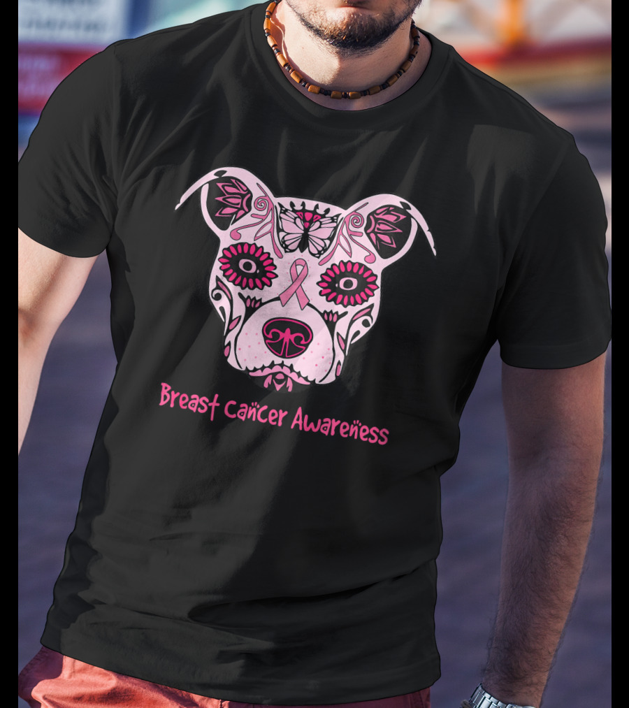Sugar Pitbull Dog Breast Cancer Awareness Pink Ribbon T-Shirt