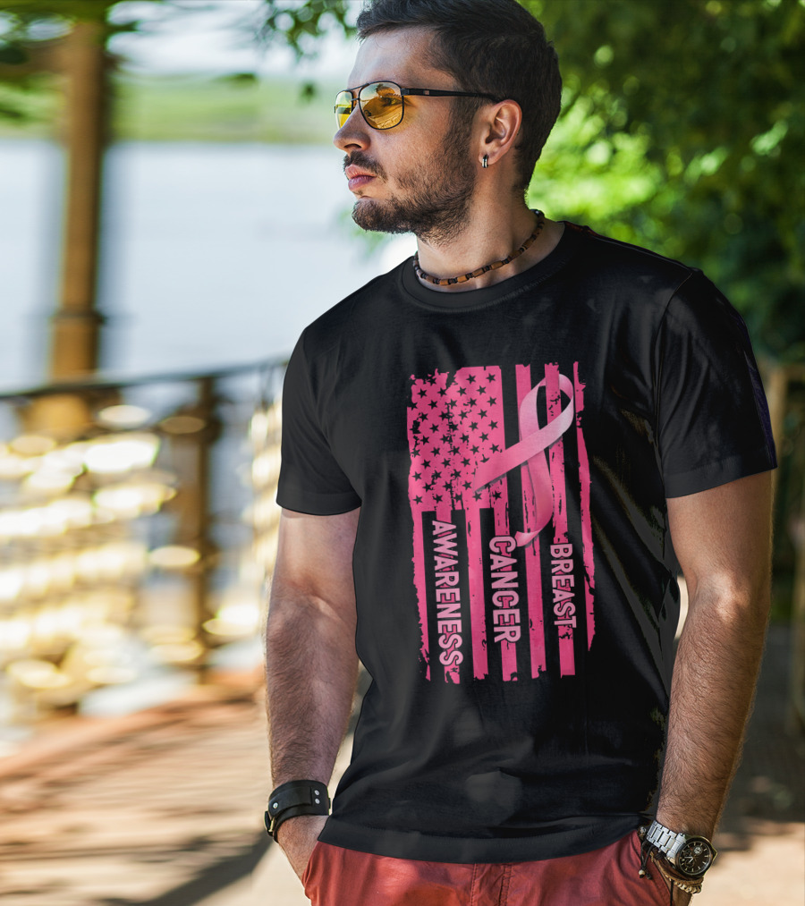 American Flag Pink Ribbon Breast Cancer Awareness T-Shirt