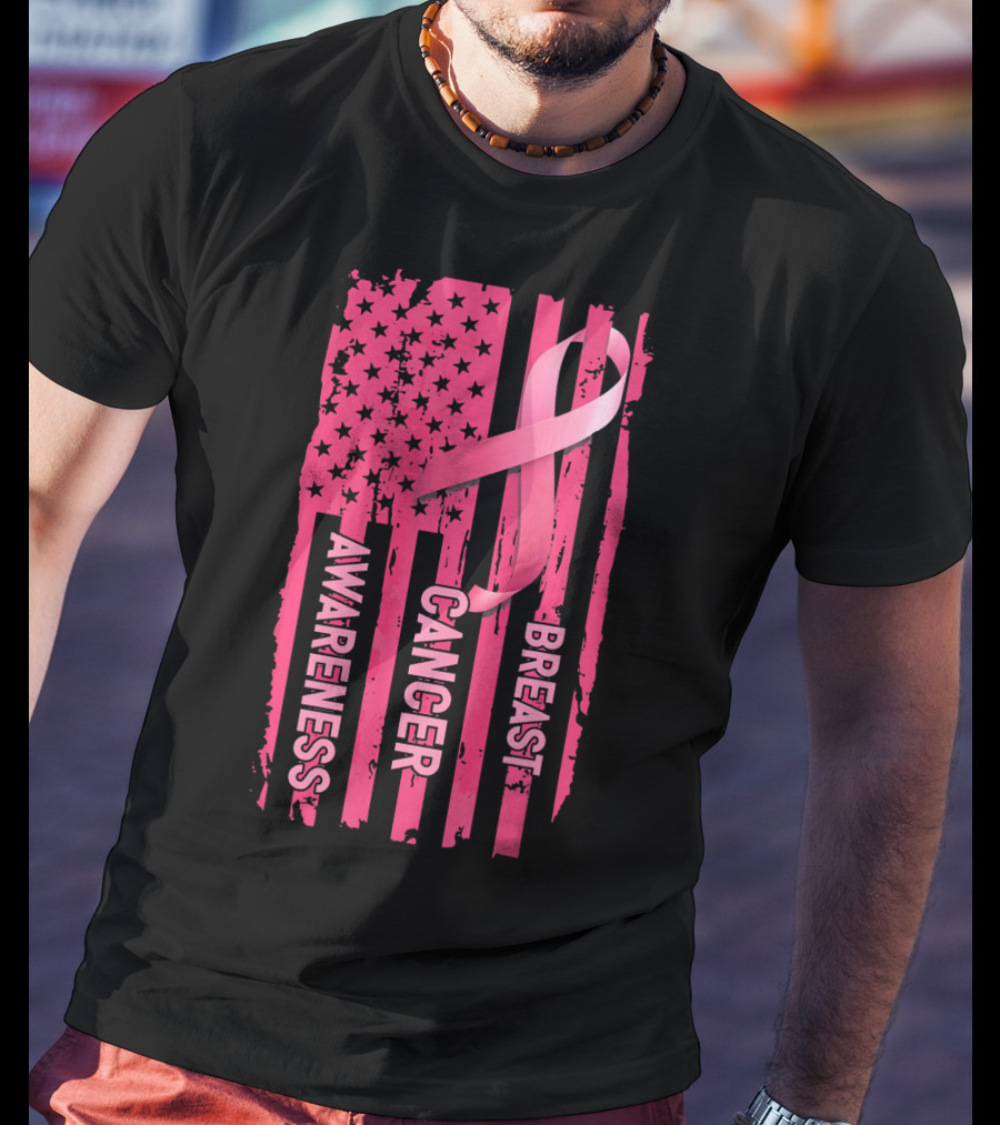 American Flag Pink Ribbon Breast Cancer Awareness T-Shirt