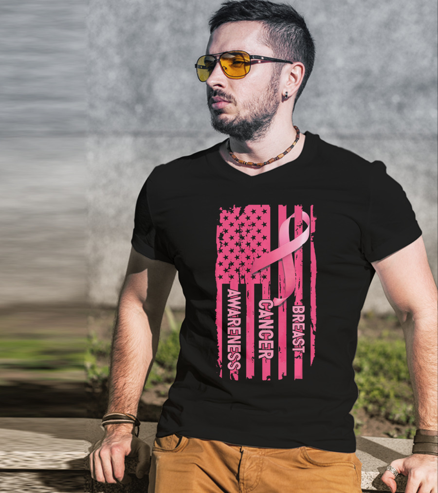American Flag Pink Ribbon Breast Cancer Awareness T-Shirt