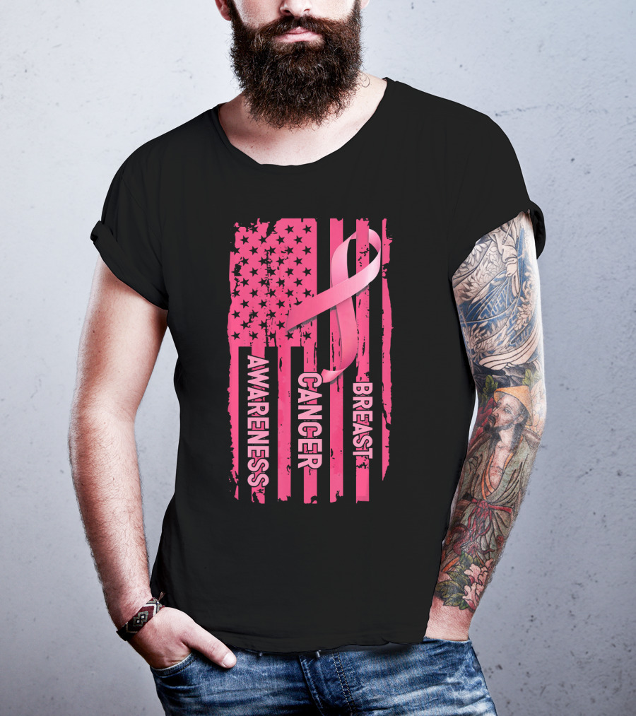 American Flag Pink Ribbon Breast Cancer Awareness T-Shirt