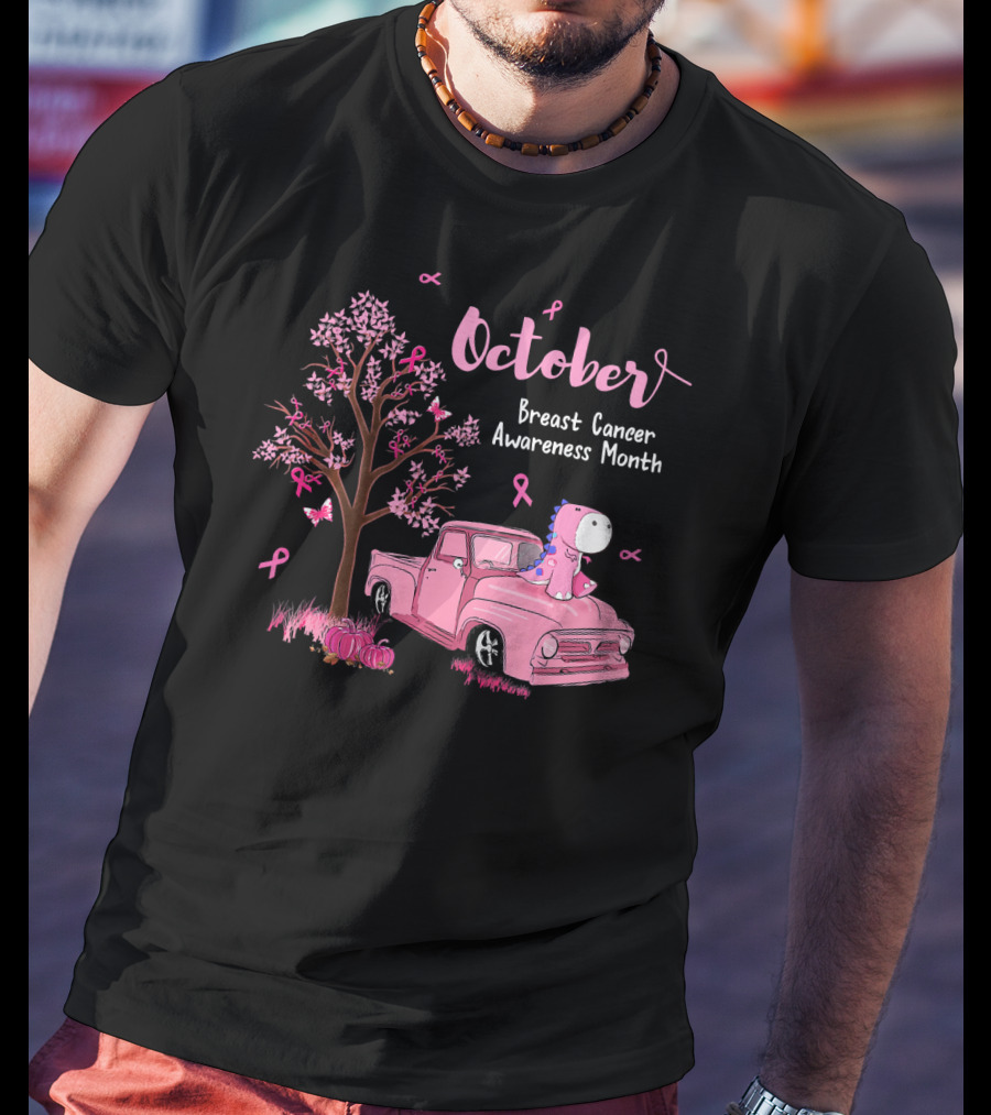 October Pink Ribbon Pumpkin Truck Dinosaur Breast Cancer Awareness Month T-Shirt