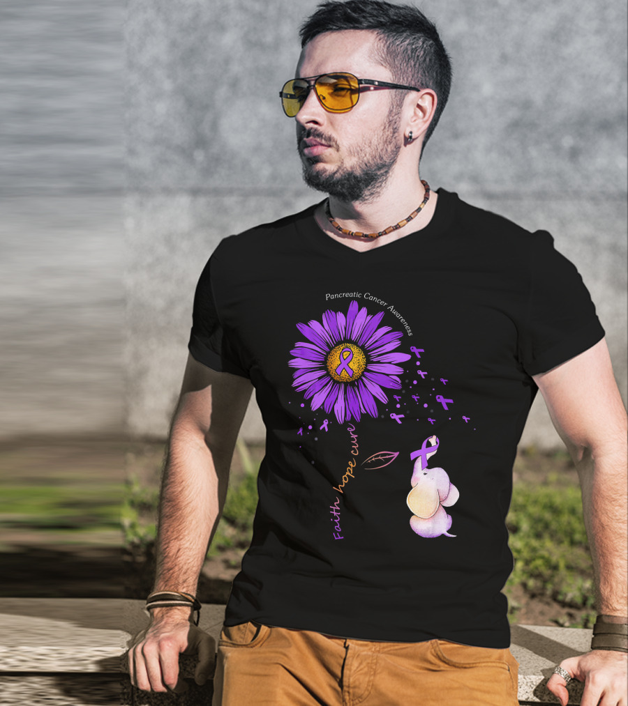 Faith Hope Cure Purple Daisy Flower Pancreatic Cancer Awareness T-Shirt