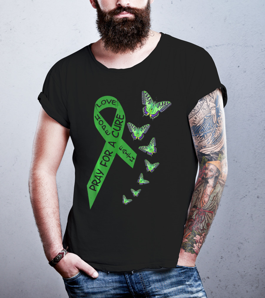 Liver Cancer Awareness Green Ribbon Pray For A Cure Hope Faith Love Butterflies T-Shirt