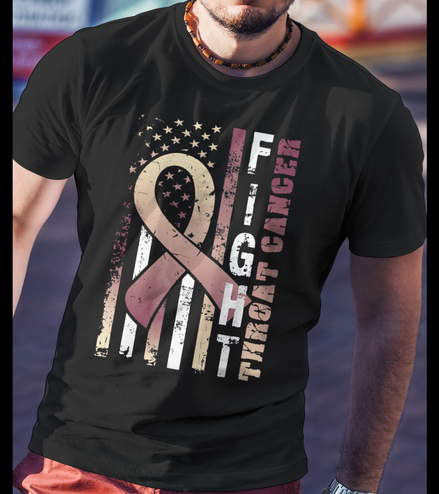 Fight Throat Cancer Awareness Ribbon American Flag T-Shirt