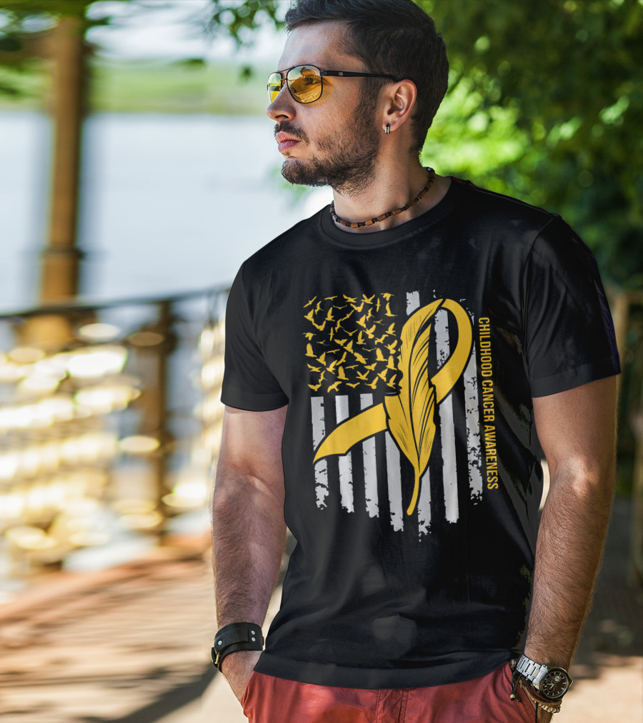 Childhood Cancer Awareness Gold Feather Ribbon Flag T-Shirt