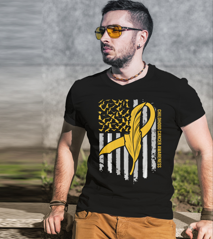 Childhood Cancer Awareness Gold Feather Ribbon Flag T-Shirt