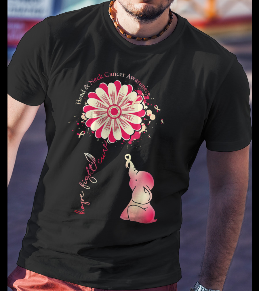 Head And Neck Cancer Awareness White And Burgundy Ribbon Hope Fight Cure Elephant Flower T-Shirt