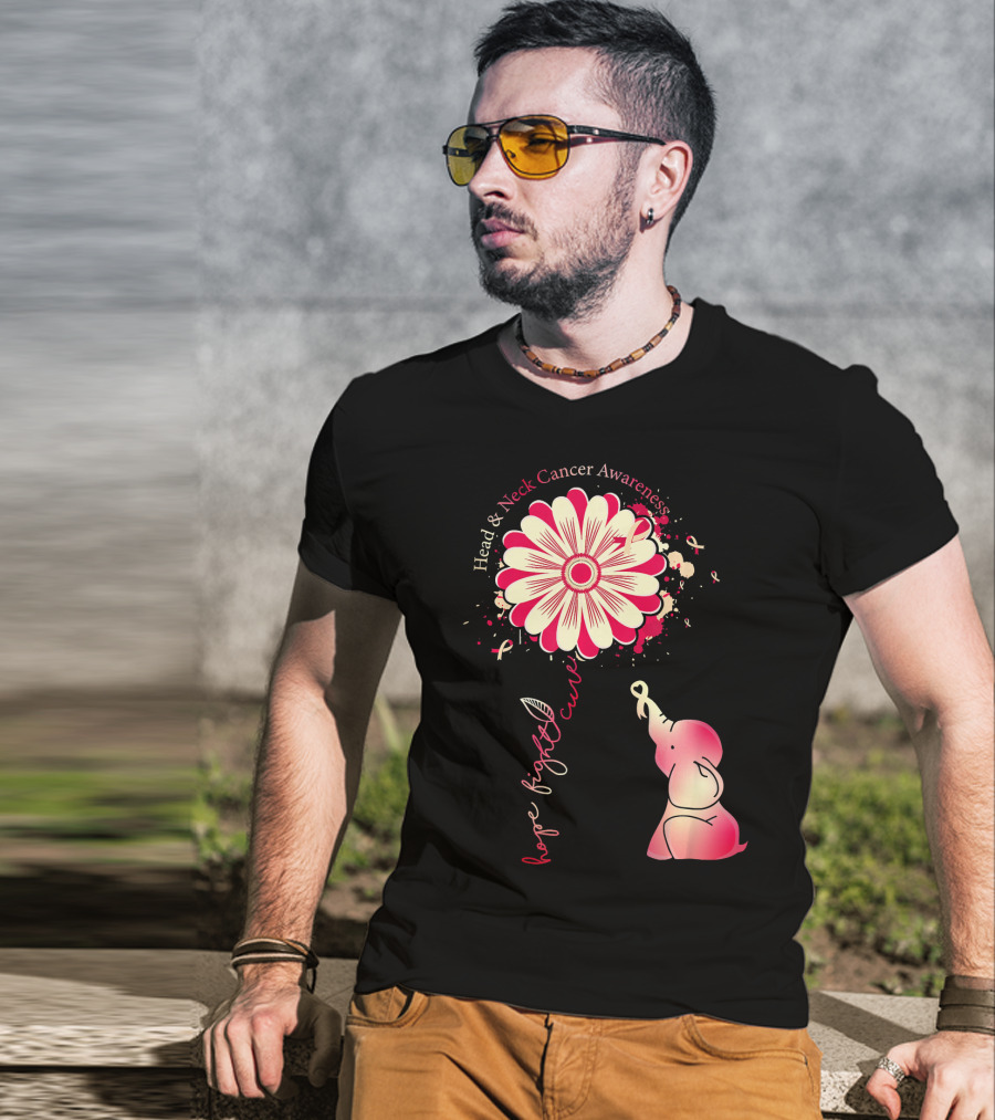 Head And Neck Cancer Awareness White And Burgundy Ribbon Hope Fight Cure Elephant Flower T-Shirt