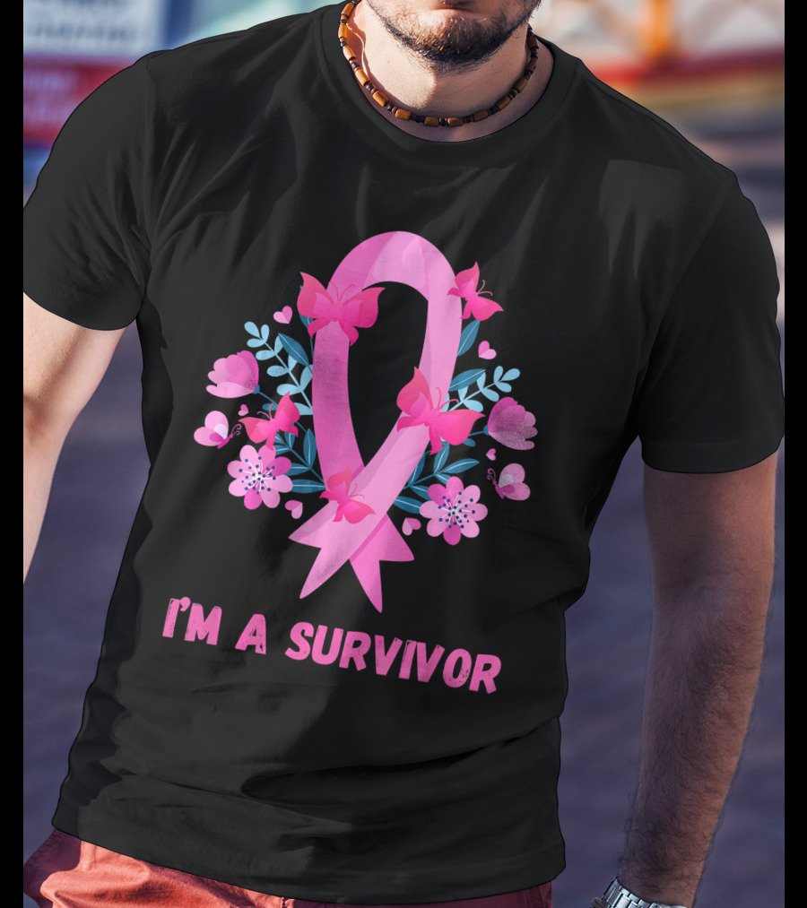 I'm A Survivor Pink Ribbon Butterfly Floral Breast Cancer T-Shirt