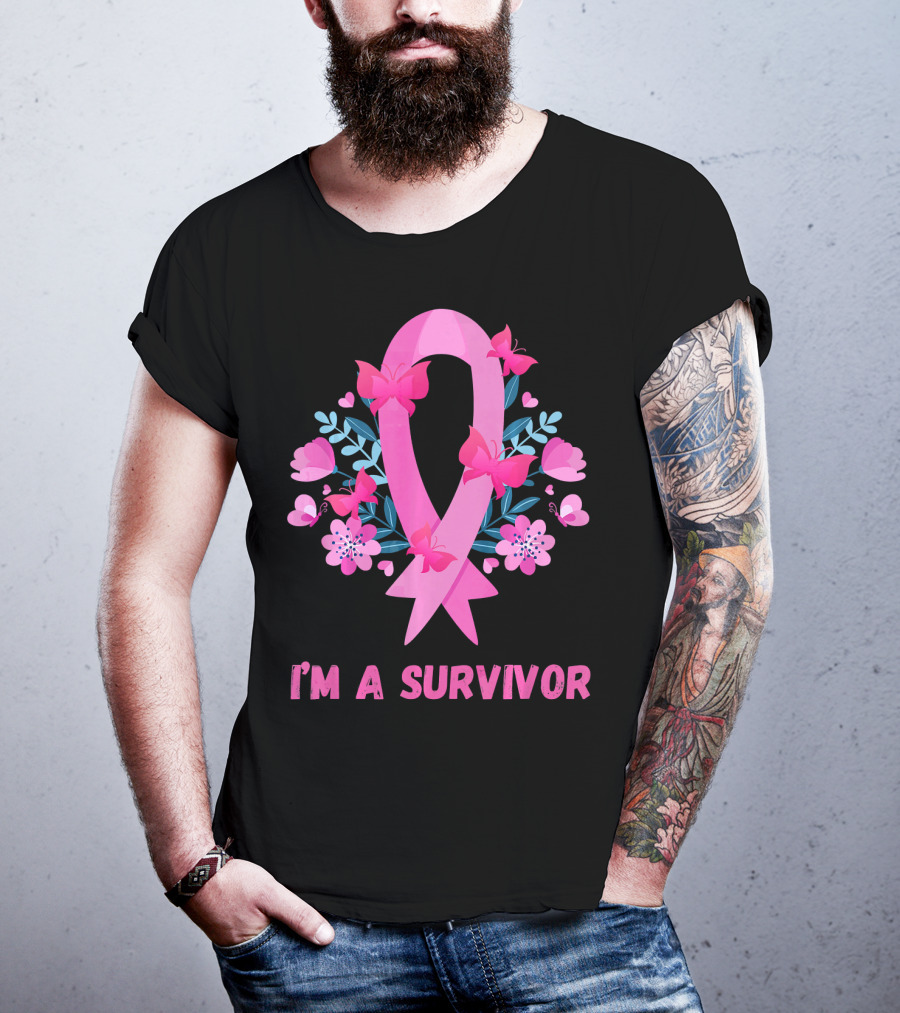 I'm A Survivor Pink Ribbon Butterfly Floral Breast Cancer T-Shirt