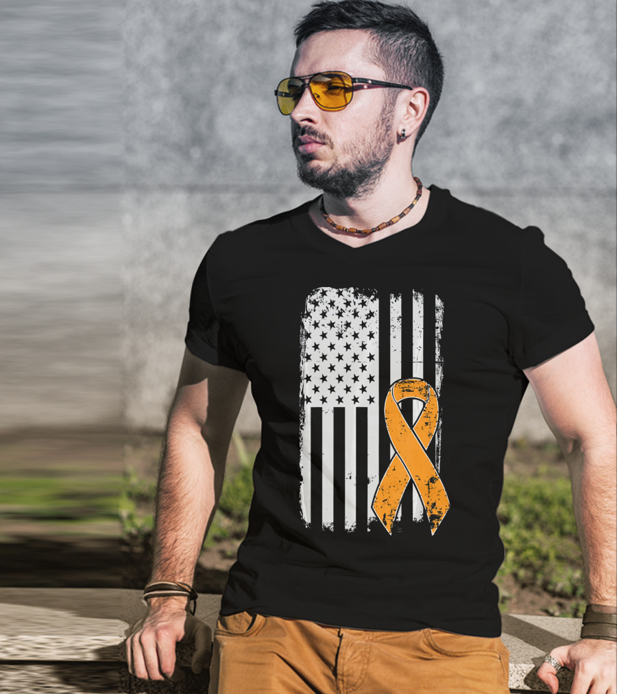 Leukemia Cancer Awareness Vintage US Flag Orange T-Shirt