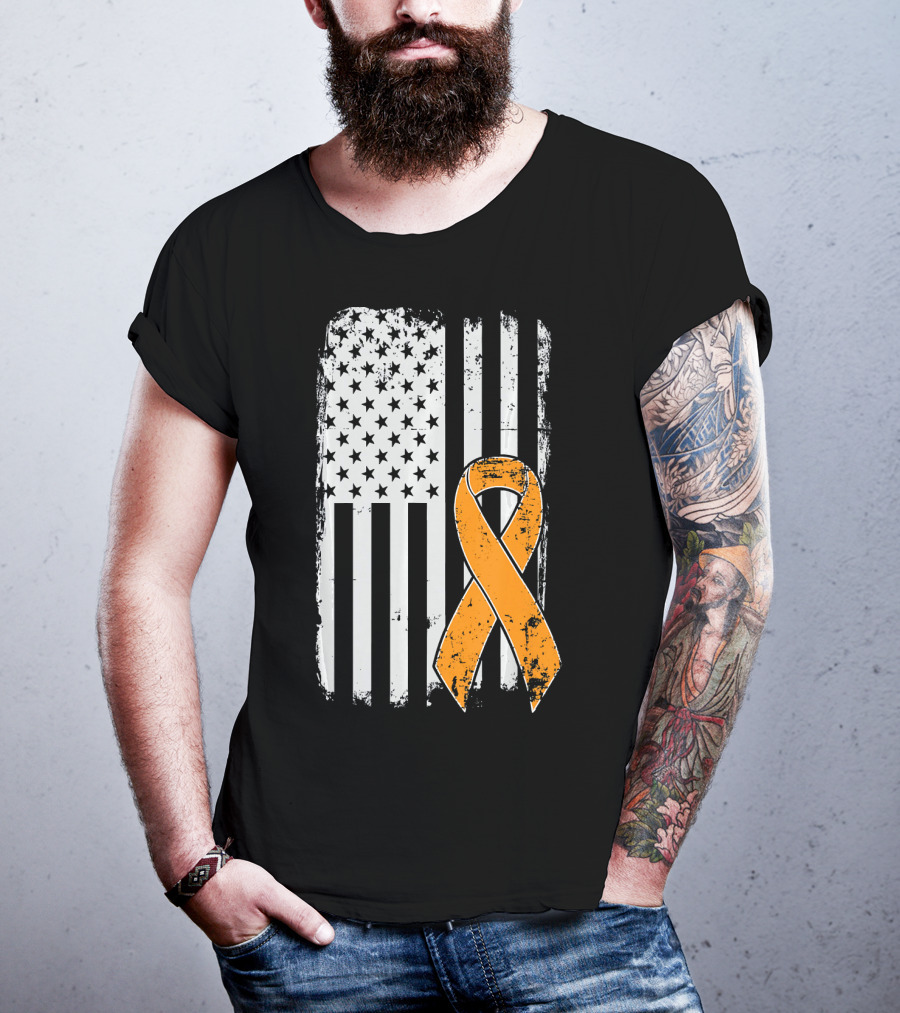 Leukemia Cancer Awareness Vintage US Flag Orange T-Shirt
