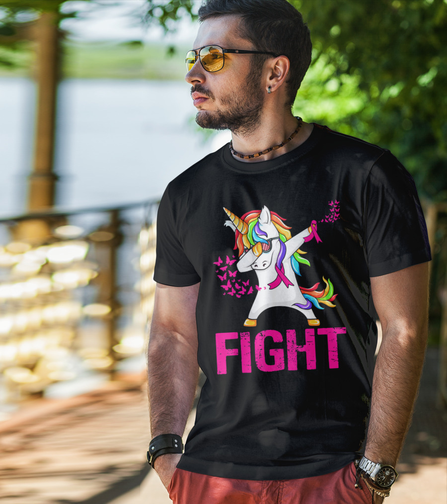 Fight Breast Cancer Awareness Unicorn Dabbing With Rainbow Mane And Butterflies T-Shirt