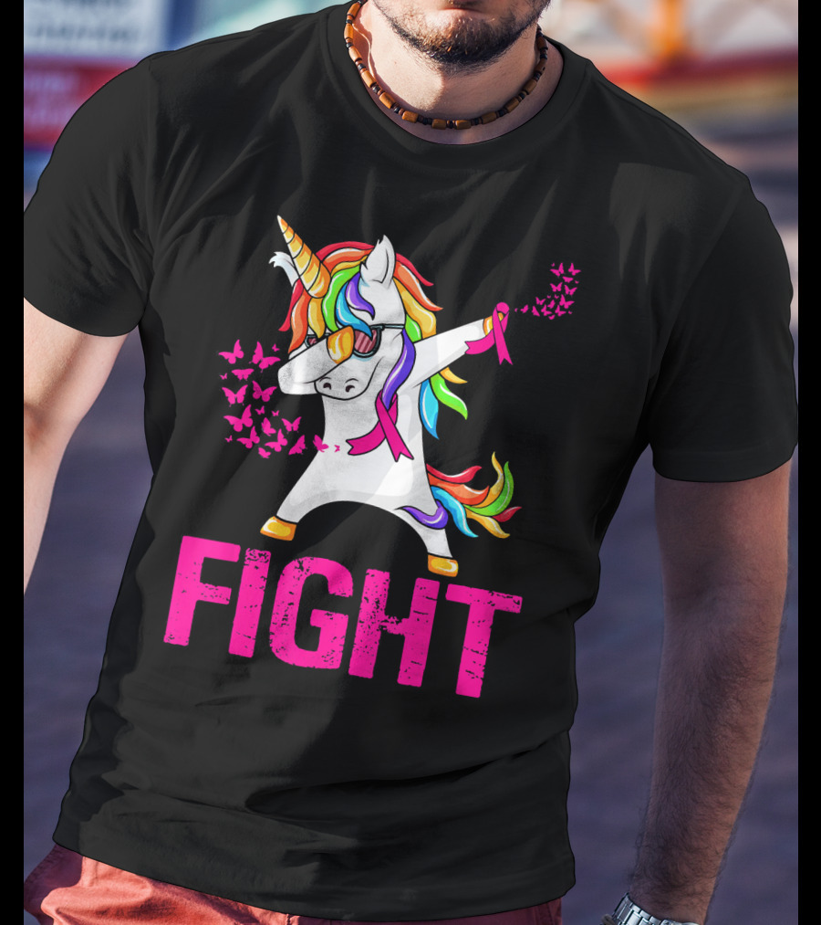 Fight Breast Cancer Awareness Unicorn Dabbing With Rainbow Mane And Butterflies T-Shirt
