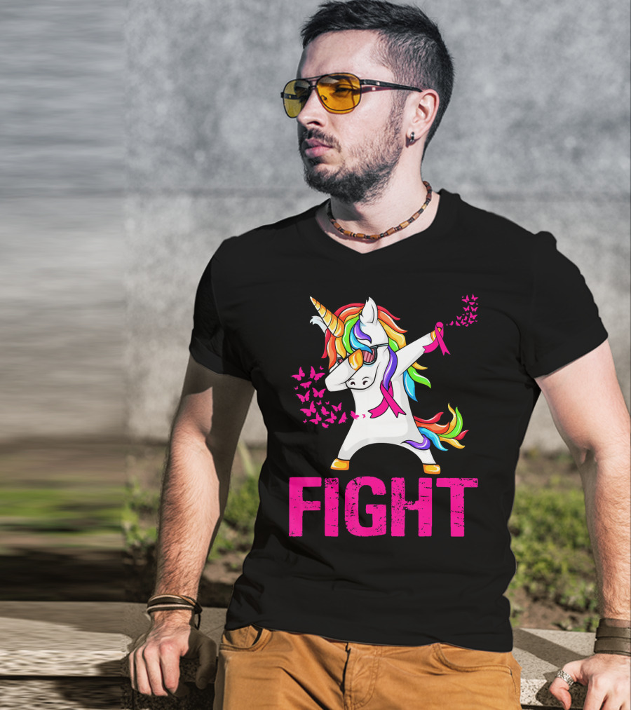 Fight Breast Cancer Awareness Unicorn Dabbing With Rainbow Mane And Butterflies T-Shirt