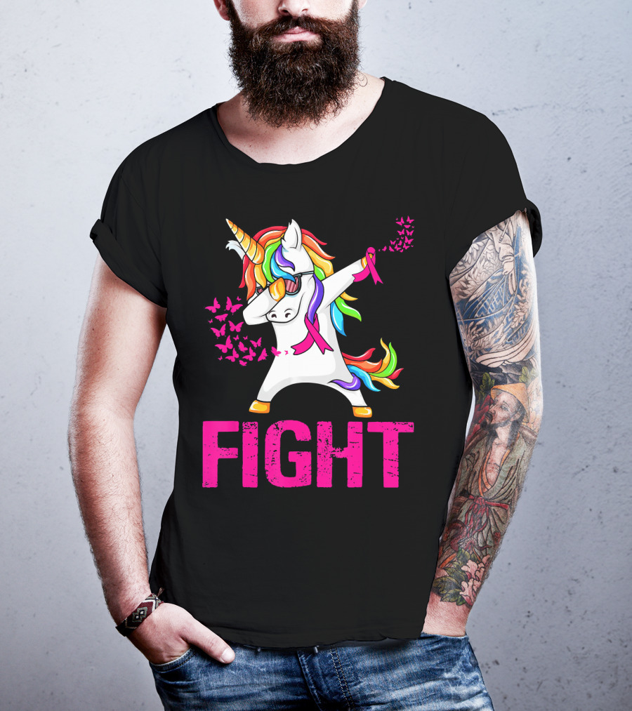 Fight Breast Cancer Awareness Unicorn Dabbing With Rainbow Mane And Butterflies T-Shirt