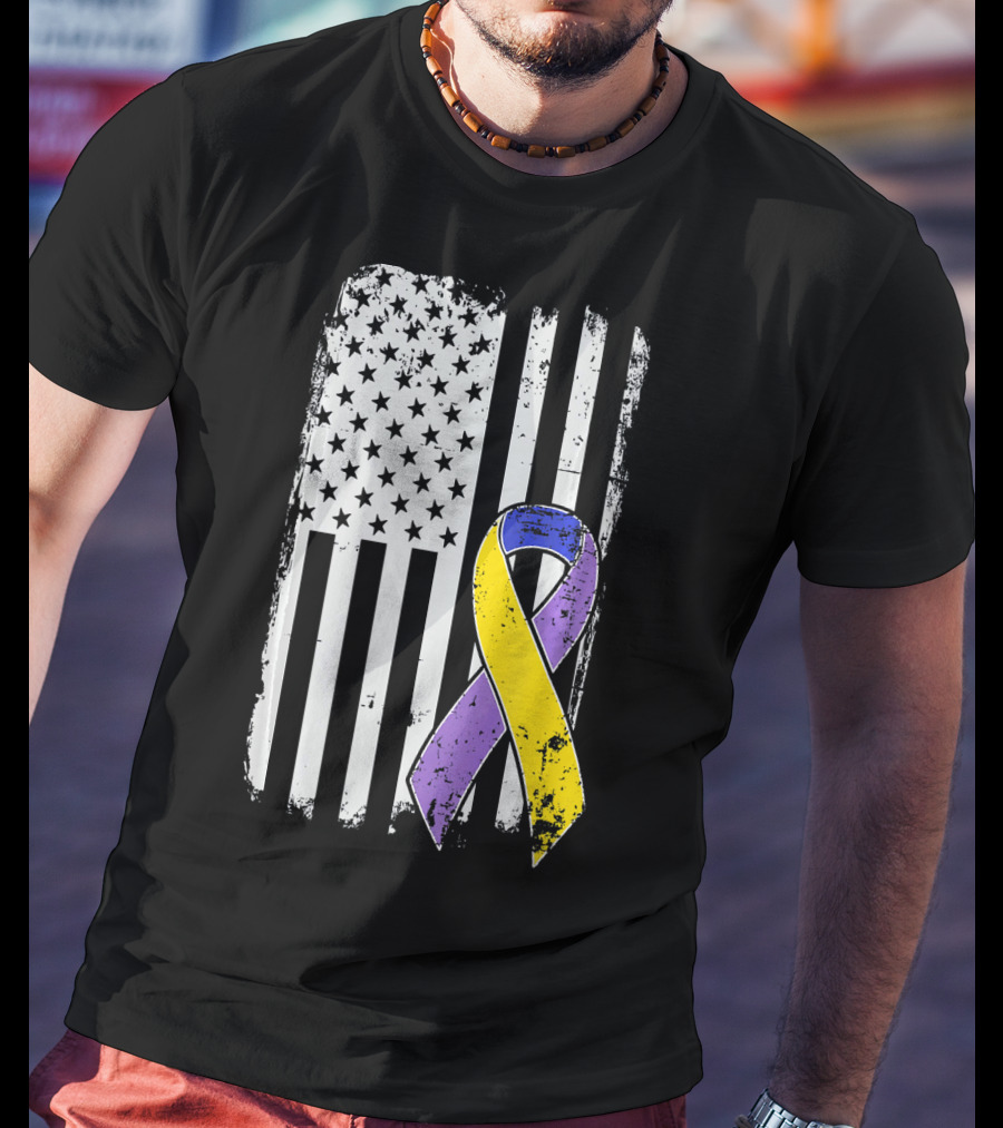 Bladder Cancer Awareness Distressed American Flag Purple Gold T-Shirt